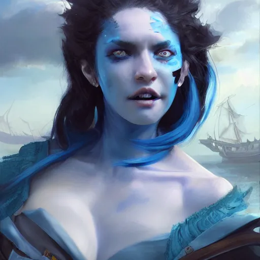 Image similar to Female pirate captain with blue skin, 4k oil on linen by wlop, artgerm, andrei riabovitchev, nuri iyem, james gurney, james jean, greg rutkowski, highly detailed, soft lighting 8k resolution