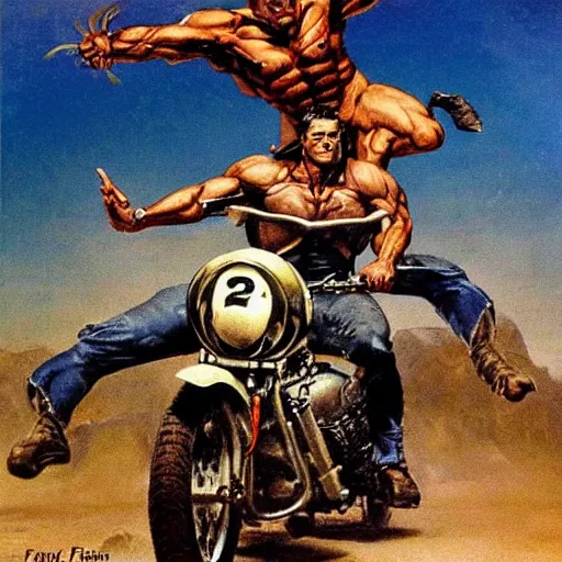 Prompt: muscular man riding motorcycle flying through the air from demons, into glory ride, artwork by Frank Frazetta