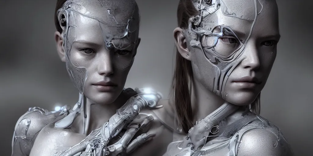 Image similar to hyper realistic photography of a beautiful cyborg female, intimate holding close, in the style of beth cavener, jin kagetsu, wlop, westworld opening scene, highly detailed, intricate filigree, symmetry, masterpiece, concept art, highkey lighting, ambient lighting, octane render, 8 k, artstation