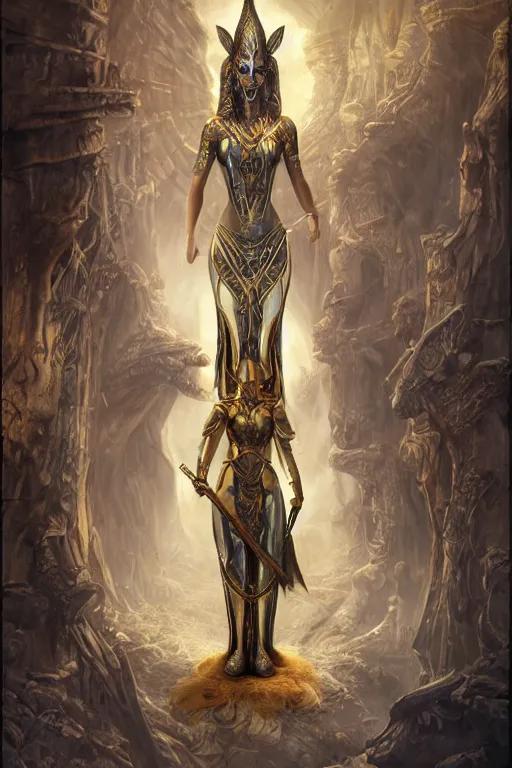 Image similar to Mystical Valkyrie, Portrait of a beautiful female Atlantean Anubis Alien Warrior, Regal, Realistic, Refined, Detailed Digital Art, Oil Painting, Michael Cheval, Esao Andrews, Art Frahm, Steampunk, Walt Disney (1937), Highly Detailed, Cinematic Lighting, Unreal Engine, 8k, HD