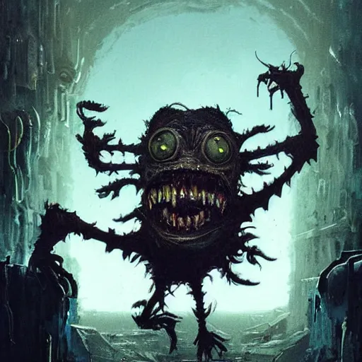 Image similar to ragged cyborg goblin with maniacal expression and bulging eyes inside byzantine hong kong hoarder labaratory, portrait by by greg rutkowski and h. r. giger and stalenhag and deak ferrand, studio ghibli composition