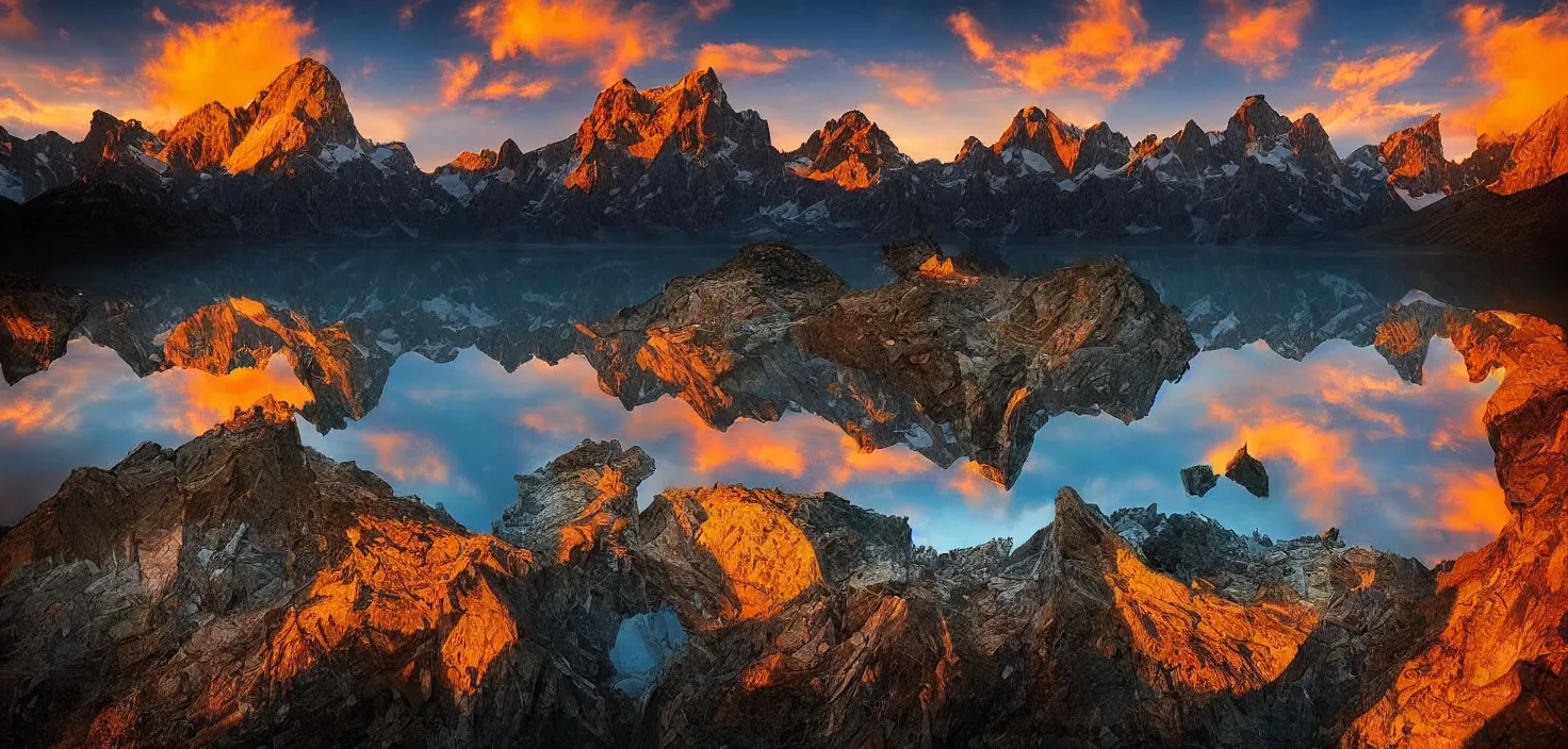 Image similar to amazing landscape photo of mountains with lake in sunset by marc adamus, beautiful dramatic lighting