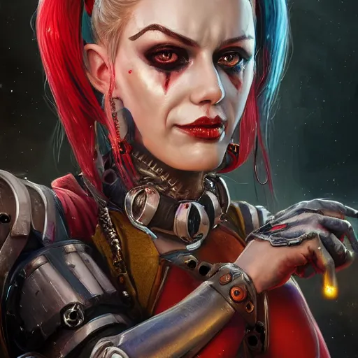Prompt: a portrait of Harley Quinn in bikini armor, Warhammer 40000, cyberpunk, intricate, elegant, highly detailed, digital painting, trending on artstation, concept art, smooth, sharp focus, illustration, art by artgerm and greg rutkowski and alphonse mucha