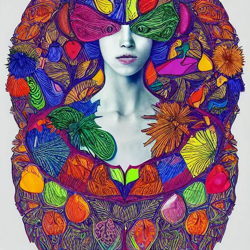 Image similar to the portrait of a beautiful young woman partially made up of bell peppers of all colors, an ultrafine detailed illustration by james jean, intricate linework, bright colors, final fantasy, behance contest winner, vanitas, angular, altermodern, unreal engine 5 highly rendered, global illumination, radiant light, detailed and intricate environment