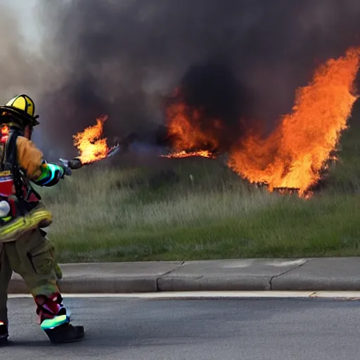 Prompt: a firefighter extinguishing a fire with a flamethrower