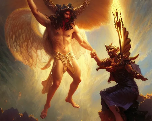 Image similar to attractive male deity, casting demonic magic, summoning handsome lucifer morning star. highly detailed painting by gaston bussiere, craig mullins, j. c. leyendecker 8 k