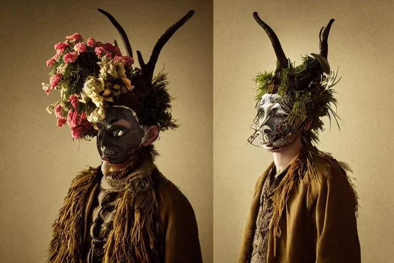 Image similar to portrait of a tyrolean folklore mask, wearing hay coat, with horns, eerie, flowers growing out of his body, detailed intricate insanely detailed octane render, 8k artistic 1920s photography, photorealistic, chiaroscuro, by David Cronenberg, Raphael, Caravaggio