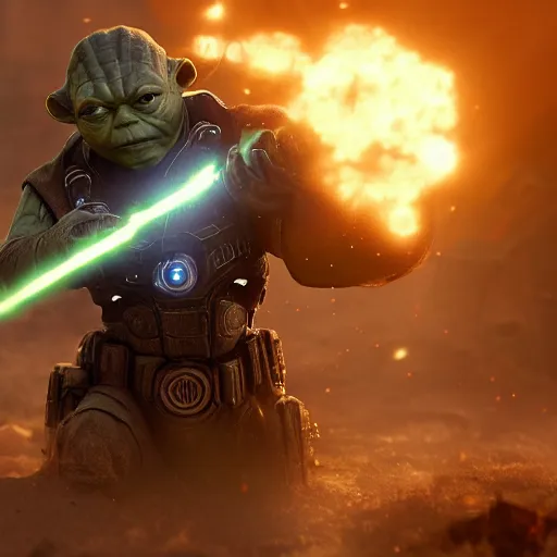 Image similar to yoda as ironman ironman in gears of war, splash art, movie still, cinematic lighting, dramatic, octane render, long lens, shallow depth of field, bokeh, anamorphic lens flare, 8 k, hyper detailed, 3 5 mm film grain