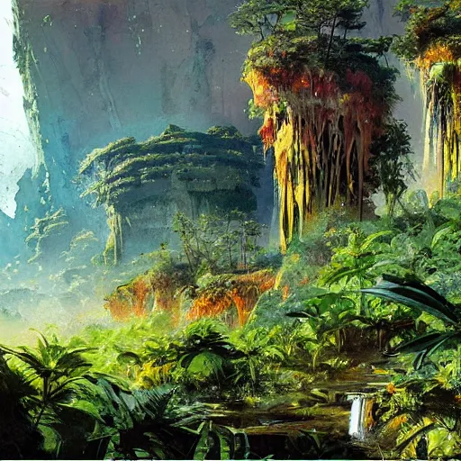 Image similar to detailed illustration of a lush natural scene on an alien planet by john berkey. beautiful landscape. weird vegetation. cliffs and water.