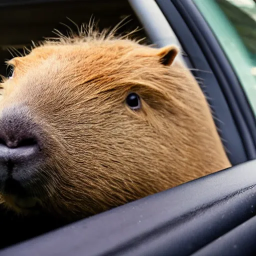 Prompt: capybara sitting in the front seat of a supercar, sunglasses, realistic, cute