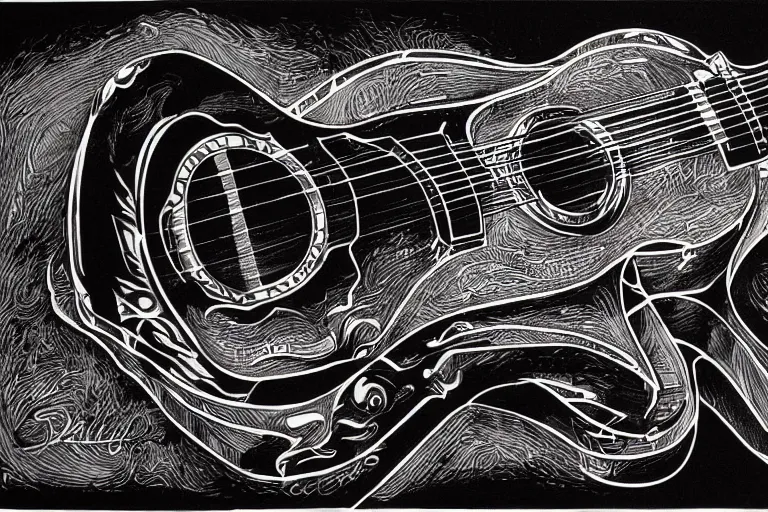 Prompt: technical drawing of a guitar, black ink on textured paper, high detail, sketch, intricate, art by Joe Fenton and syd mead