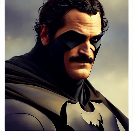 Image similar to handsome Joaquin Phoenix as batman, western, closeup, D&D, fantasy, intricate, elegant, highly detailed, digital painting, artstation, concept art, matte, sharp focus, illustration, art by Artgerm and Greg Rutkowski and Alphonse Mucha