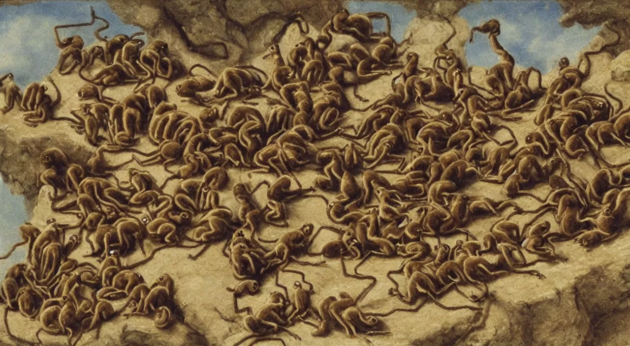 Prompt: ten monkey like ants on a giant ant of monkeys, by most renowned artist of the romanticism, hiperrealism,