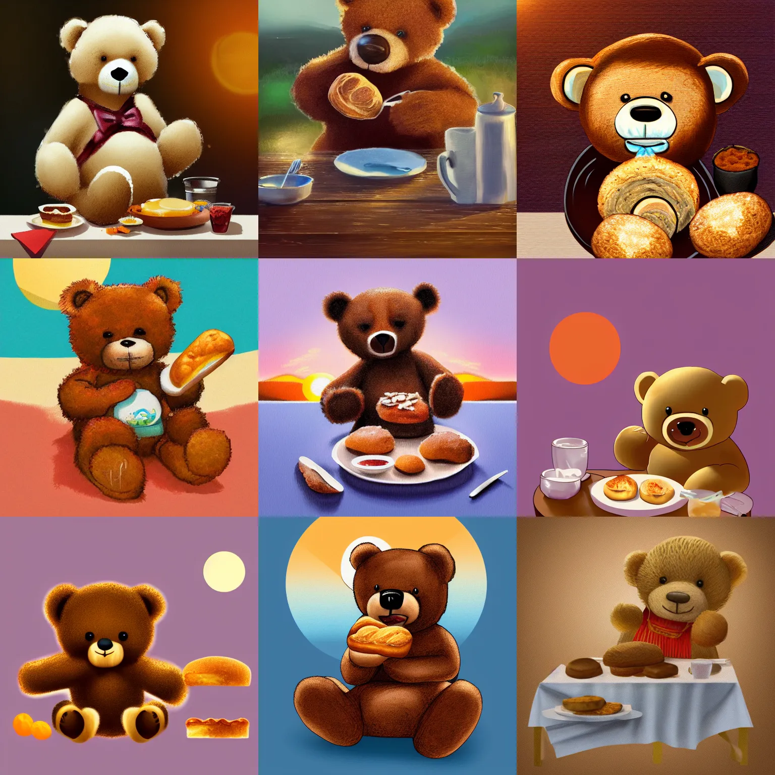 Prompt: a teddy bear eating a bread roll, breakfast table, sunrise, digital art, trending on artstation, 3 5 mm