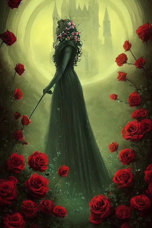 Prompt: elegant fairytale tower covered in roses, full body portrait of medieval princess, cottagecore, nostalgia of a fairytale, Exquisite, dramatic lighting, black paper, by Charlie Bowater, Anato Finnstark, Brom