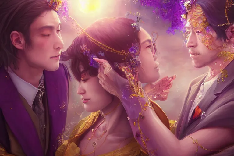 Image similar to a cinematic portrait of wedding photograph jpeg close up moment of a divine a japan sun god and moon goddess lovers magician at a wedding banquet. portraiture. digital painting. artstation. concept art. fantasy wedding photo. digital painting, 8 k realistic, hyper detailed, violet evergarden art masterpiece by art by krenz cushart