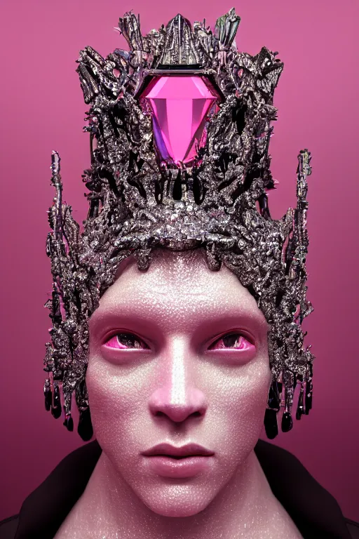 Prompt: hyper detailed ultra sharp portrait of baroque and bladerunner delicate glowing diamond sculpture of seductive muscular albino young spanish rock and roll king, pink diamond black metallic sphinx iridescent humanoid deity wearing black cloak holding a prismatic gem, glowing pink face, crown of white diamonds, cinematic lighting, photorealistic, octane render 8 k depth of field 3 d