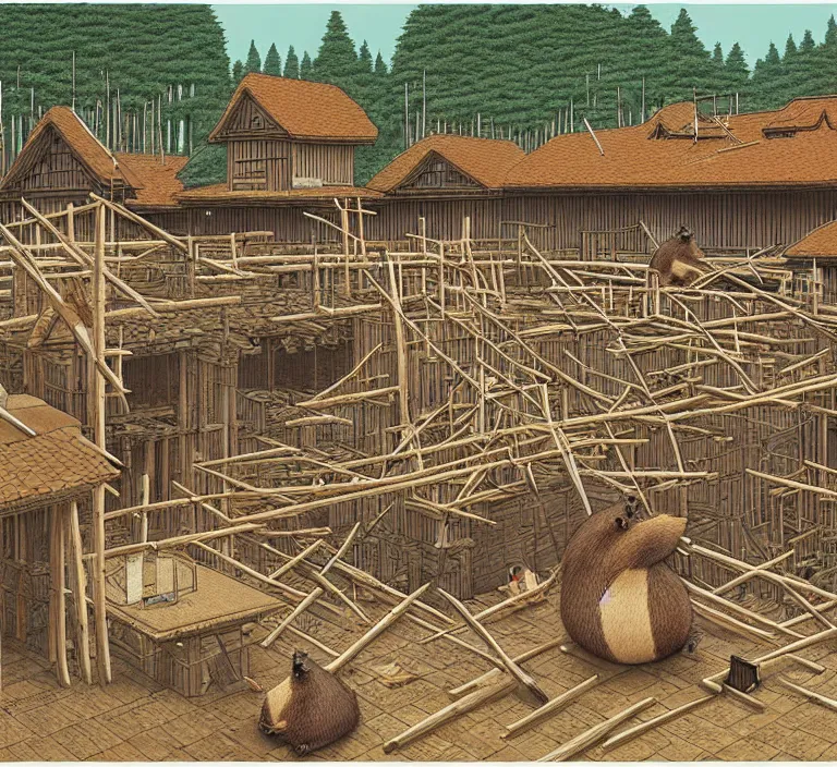 Image similar to photography hyperrealism concept art of anthropomorphic beavers builders that building city with sticks by hasui kawase