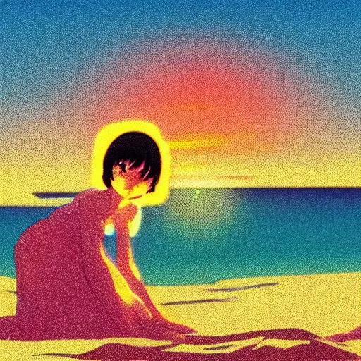 Image similar to girl laying in the sand next to ocean in sunset, sprite, vaporwave nostalgia, directed by beat takeshi, visual novel cg, 8 0 s anime vibe, kimagure orange road, maison ikkoku, initial d, sketch by osamu tezuka, directed by hideki anno