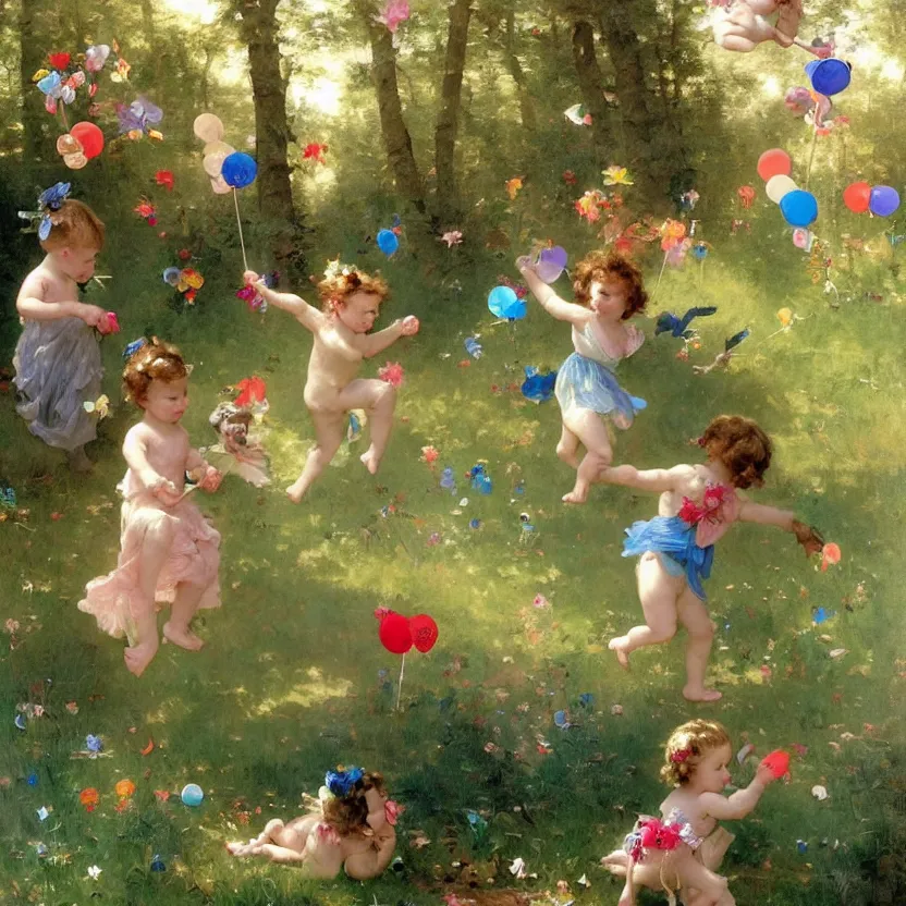 Prompt: idyllic cute toddler children with iridescent wings running through whimsical forest landscape with lollypops, streamers, balloons, blue sky, flowers. dreamlike fantasy painting by norman rockwell, bouguereau. trending on artstation.