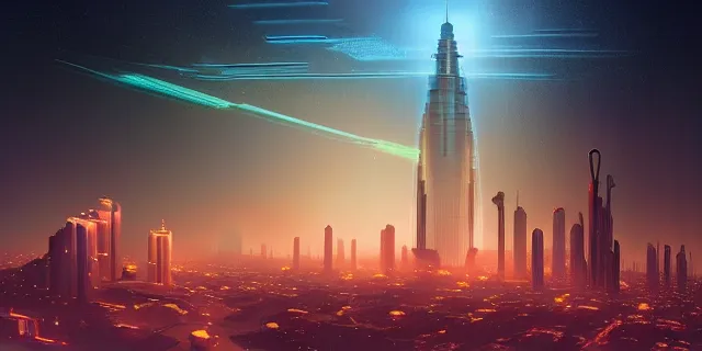 Image similar to a swarm network of glowing futuristic cubes appears in the sky above a cyberpunk dubai city, atmospheric lighting, intricate, volumetric lighting, beautiful, sharp focus, ultra detailed, in the art style of marc simonetti, bowater charlie and brom gerald, astrophotography