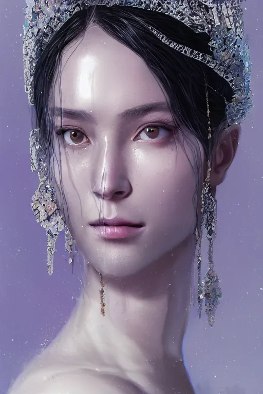 Image similar to A fancy portrait of a women wearing crystal mask by Greg Rutkowski, beeple, Sung Choi, Mitchell Mohrhauser, Maciej Kuciara, Johnson Ting, Maxim Verehin, Peter Konig, final fantasy, macro lens, 35mm, 8k photorealistic, cinematic lighting, HD, high details, dramatic, dark atmosphere, trending on artstation