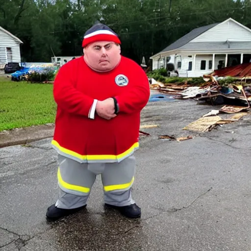 Image similar to eric cartman in real life, helping to rescue victims of a hurricane in louisiana, photograph