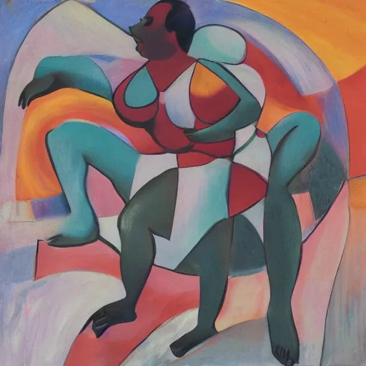 Prompt: fat latin woman dancing, brilliant sunset, cubism, texture, no collage