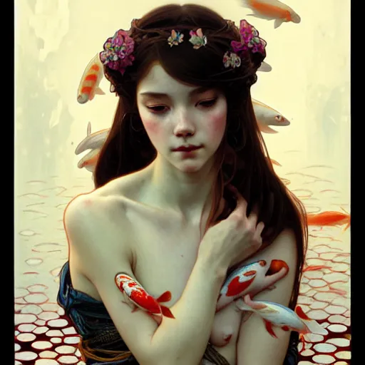 Image similar to Portrait of a girl surrounded by Koi fish, face, fantasy, intricate, elegant, highly detailed, digital painting, artstation, concept art, smooth, sharp focus, illustration, art by Krenz Cushart and Artem Demura and alphonse mucha