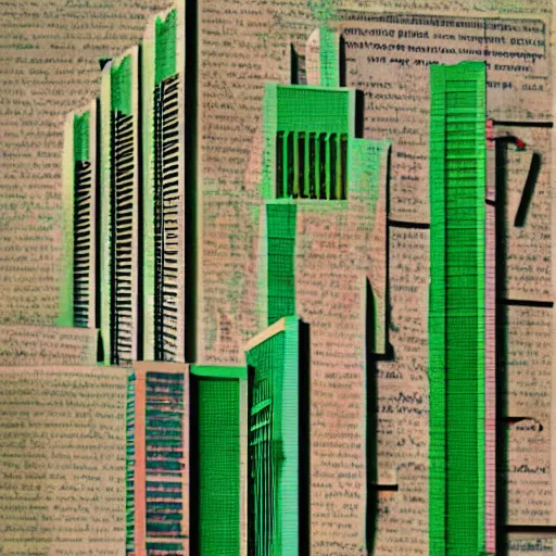 Image similar to collage style Joseba Elorza, Journalic paper texture buildings, papercut, pop-art, background green color