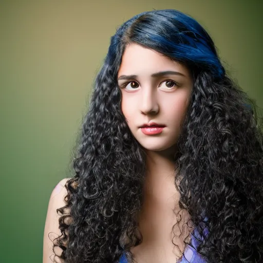 Prompt: A young beautiful woman with long black curly hair, brown eyes, wearing a blue dress, 4k, photorealist, DSLR photograph