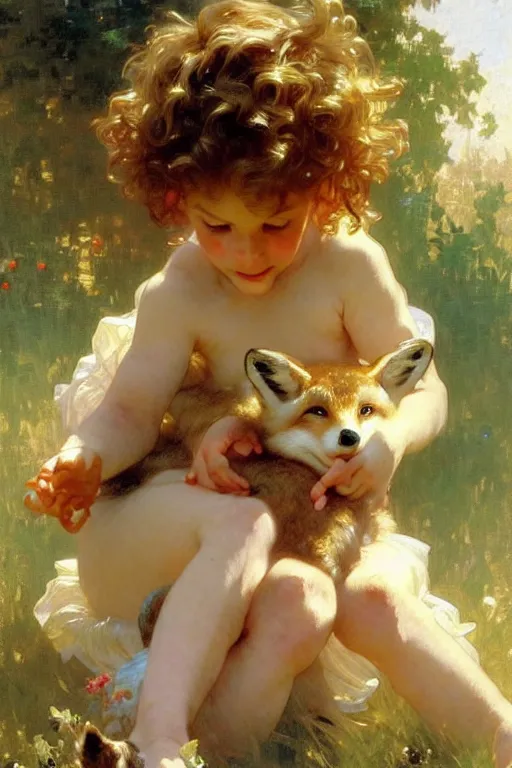 Image similar to a seven - year old with curly dirty blonde hair playing with foxes, painting by daniel gerhartz, alphonse mucha, bouguereau, detailed art, artstation