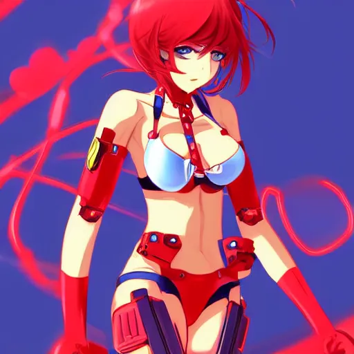 Image similar to digital anime art. full body. cute girl. red mech arms and red mech legs. blue eyes. gold short hair. red bikini. wlop, rossdraws, sakimimichan
