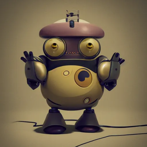 Image similar to a small chubby bot, smooth panelling, one large gold eye intricate detail, style of pokemon, with damaged rusty arms, broken antenna, recycled, floating, white studio, oil, mechanical, toy, ambient light, in the style of pixar animation, pokedstudios, blender, octane render, 8 k,