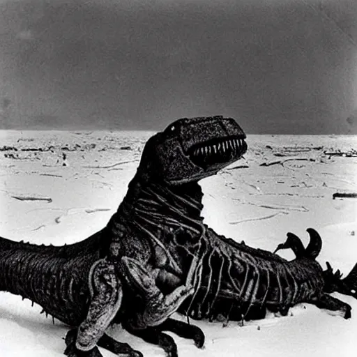 Image similar to a mummified t-rex corpse found in the artic ice and snow, taken by a ww2 camera.