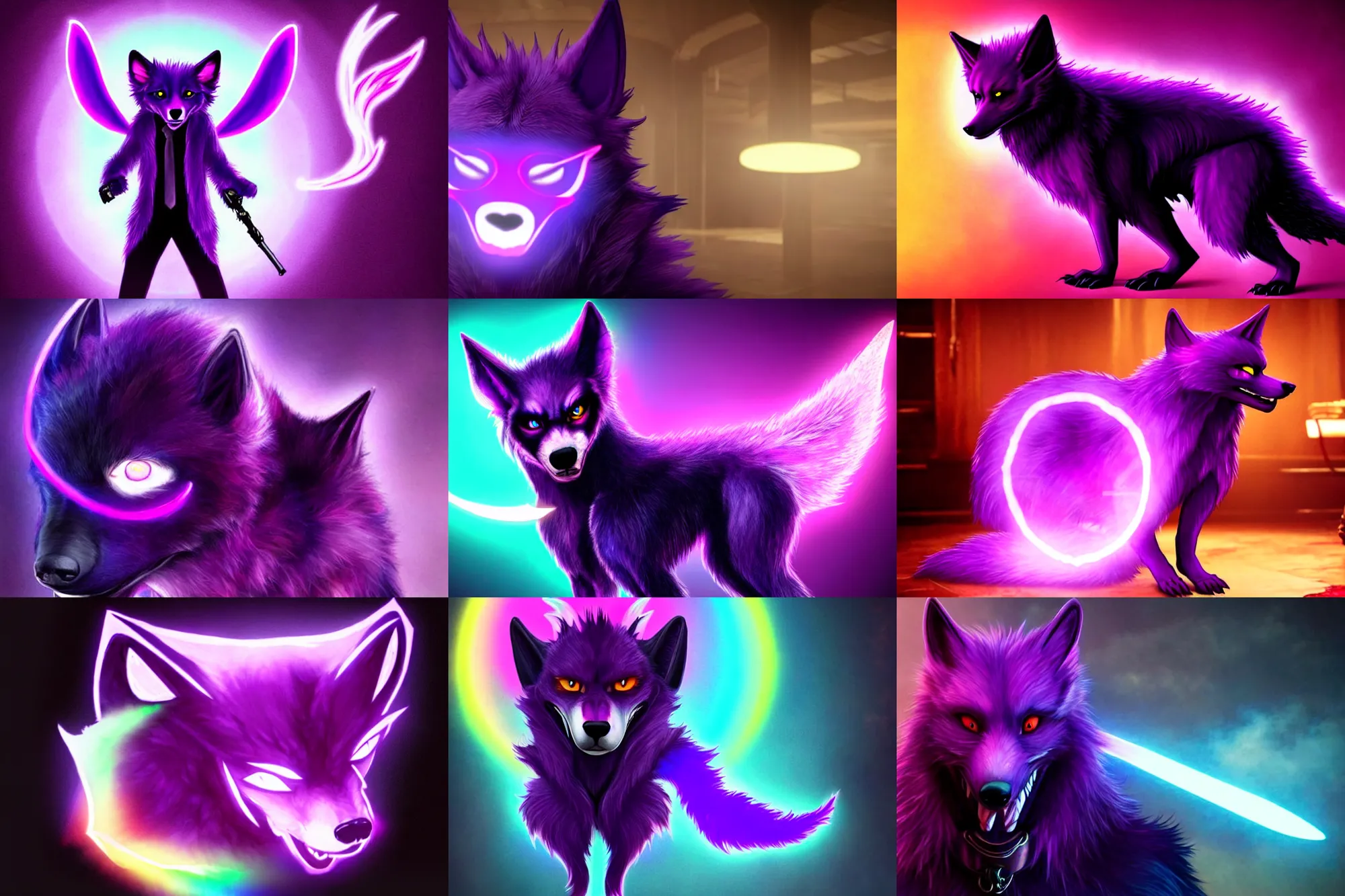 Prompt: a purple wolfbat fursona ( from the furry fandom ) : glowing rainbow tail, eyepatch ; as a photo from the john wick movie series