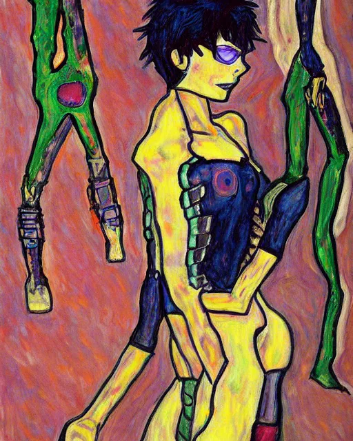 Image similar to a painting of eva unit 0 1 in the style of egon schiele, neon genesis evangelion,