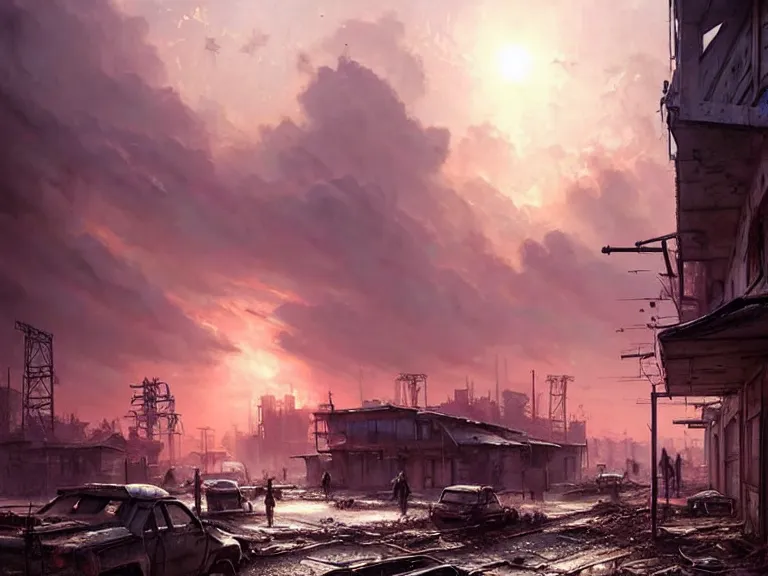 Image similar to postapocalyptic city of syzran!!!, militaristic!!!, romantic!!!, hyperrealistic, highly detailed, cinematic, pink sunlight!, beautiful, cgssociety, artstation, 8 k, oil painting by greg rutkowski, by artgerm, by wlop