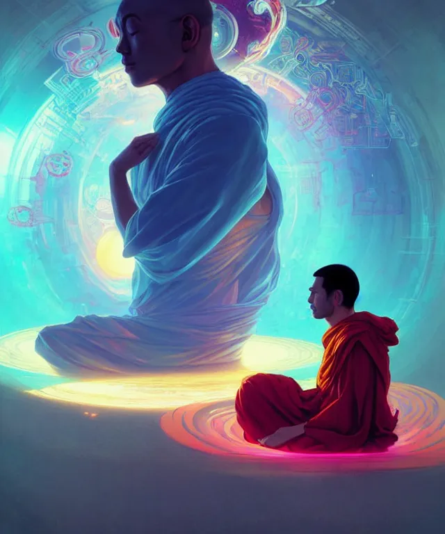 Prompt: a floating monk, meditating, wearing netrunner clothing, vaporwave aesthetic, colorful, psychedelic, digital painting, artstation, concept art, smooth, sharp focus, illustration, art by artgerm and greg rutkowski and alphonse mucha