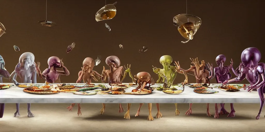 Prompt: !13 diverse aliens enjoying a rich salad around a marble table, !positioned as !last_supper cinematic lighting, crystal, liquid, surreal, floating, highly detalied, 4k, artstation, by Wayne Barlowe