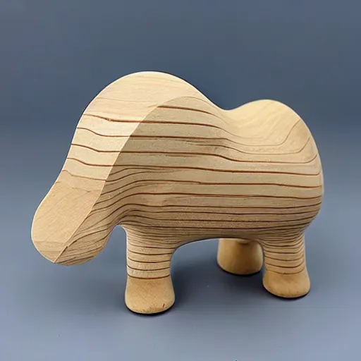 Image similar to a beautiful minimalist curvy shaped small sculpture of hippopotamus hippo baby, wood and blue epoxy, cubic blocks mix stripes cuts, detailed, fine, gorgeous