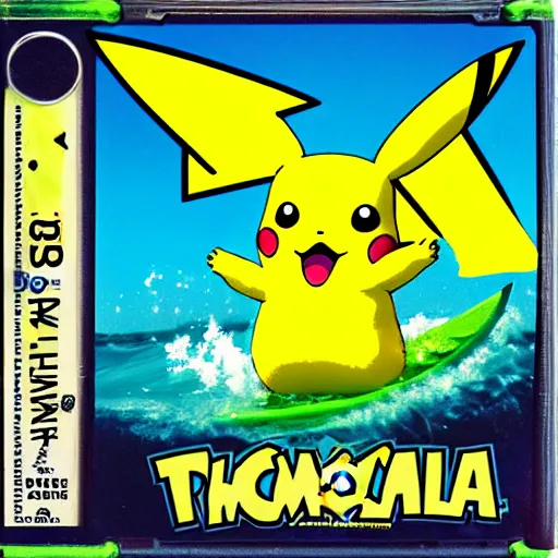 Image similar to pikachu surfing on a wave made of green slime, pokemon tcg image