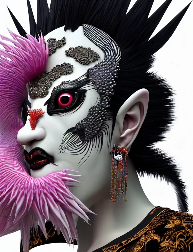 Image similar to 3 d goddess close - up profile portrait punk with mohawk with ram skull. beautiful intricately detailed japanese crow kitsune mask and clasical japanese kimono. betta fish, jellyfish phoenix, bio luminescent, plasma, ice, water, wind, creature, artwork by tooth wu and wlop and beeple and greg rutkowski