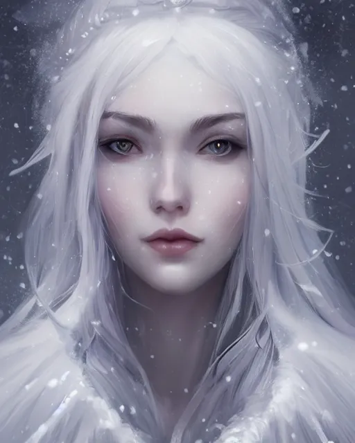 Image similar to a beautiful snow sorceress, flowy white grey hair, grey eyes, winter, frozen, snow, cinematic lighting, highly detailed, digital painting, trending on artstation, pixiv, concept art, sharp focus, illustration, art by ross tran and wlop, dark art