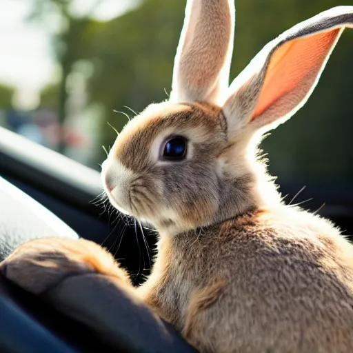 Image similar to a cute bunny driving a convertible, studio photo, high quality