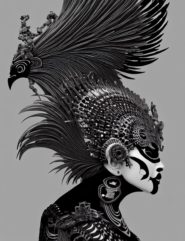 Image similar to 3 d goddess close - up profile simple portrait punk with mohawk with ram skull. beautiful intricately detailed japanese crow kitsune mask and clasical japanese kimono. betta fish, jellyfish phoenix, bio luminescent, plasma, ice, water, wind, creature, artwork by tooth wu and wlop and beeple and greg rutkowski