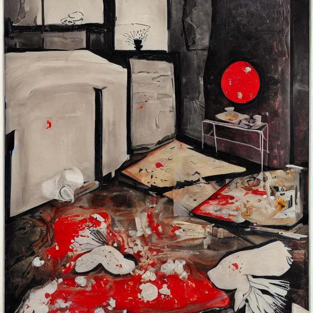 Prompt: a female artist's apartment, portrait of a woman sleeping, cracked japanese pottery vase, sensual, smouldering burnt envelopes, candles, white flowers on the floor, puddle of water, octopus, squashed berries, pizza box, pancakes, black underwear, neo - expressionism, surrealism, acrylic and spray paint and oilstick on canvas