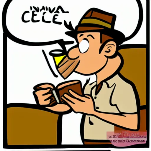 Image similar to indiana jones eating an ice cream, reading a book, cartoon style