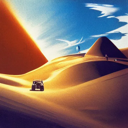 Prompt: Exploring Sand dunes on an alien planet, cinematic angle, cinematic lighting, blue sky, sun in the sky, by Syd Mead, John Harris, Federico Pelat