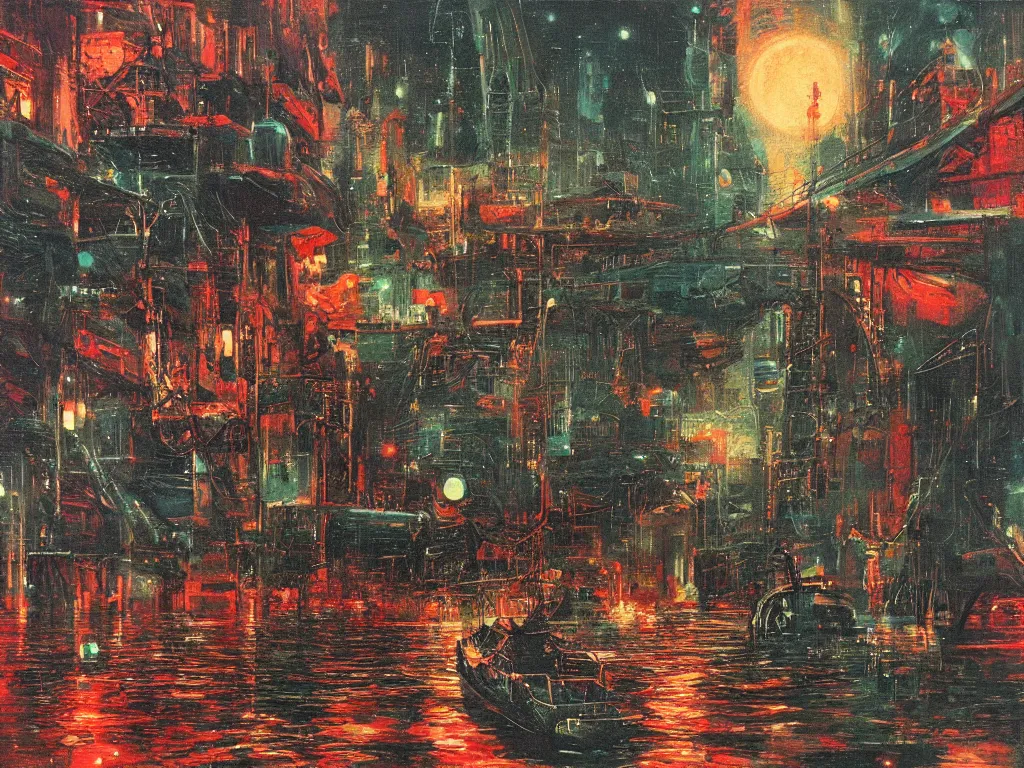 Image similar to river boats speeding between tree houses on flooded streets of new york painting, red and green palette, night lights, starry sky, by ( h. r. giger ) and paul lehr